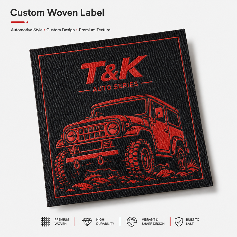Premium Custom Woven Brand Labels for Auto Series Clothing Off-Road Jackets Hats Bags and Fashion Branding